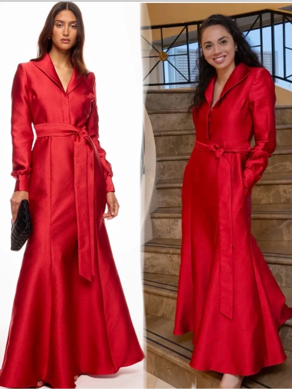 Badgley Mischka Red Satin Long-Sleeve Wrap Maxi Dress size 14
